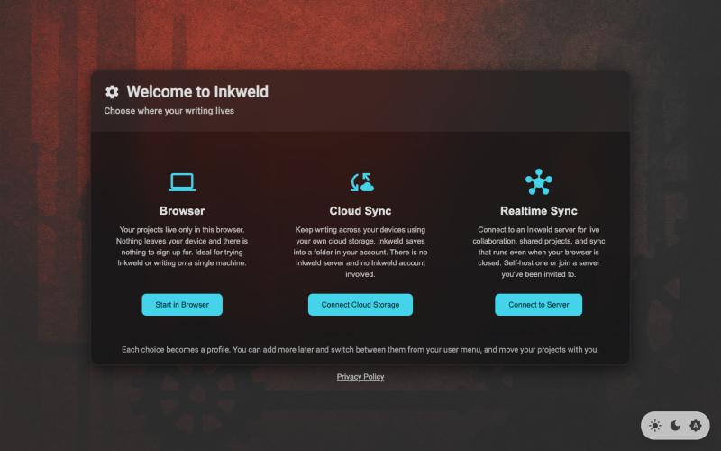 Inkweld’s welcome screen, asking where your writing should live: in the browser, in your own cloud storage, or on an Inkweld server